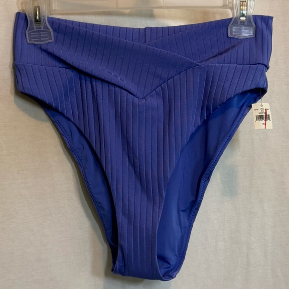 AA-538 Aerie NWT High Waisted High Cut Cheeky‎ Ribbed Blue Bikini Bottoms Size L - Picture 1 of 12